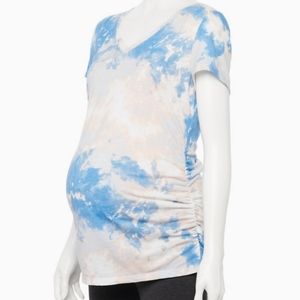Blue & Pink Tie Dye Maternity Side Ruched Vneck Tee SMALL